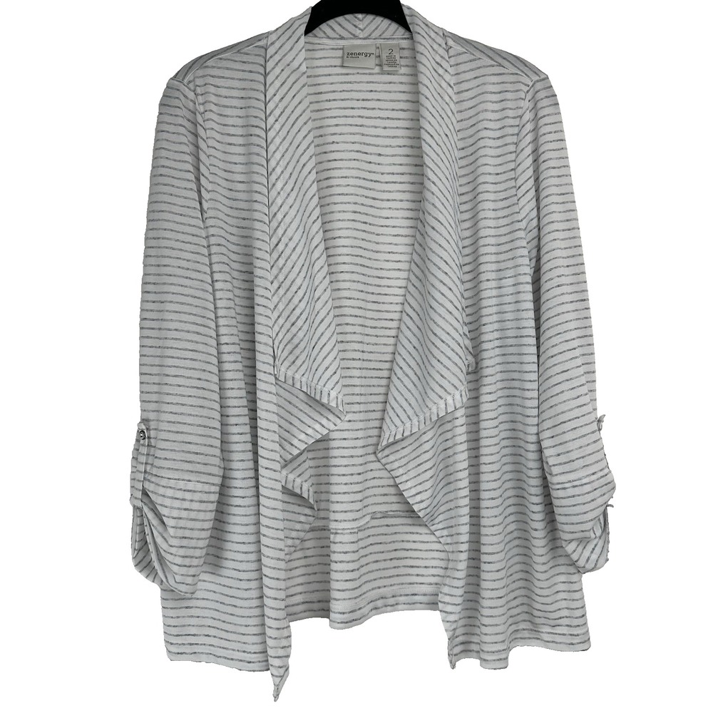 Chicos Zenergy Size 2 Open Waterfall Cardigan White Gray Micro Striped Linen